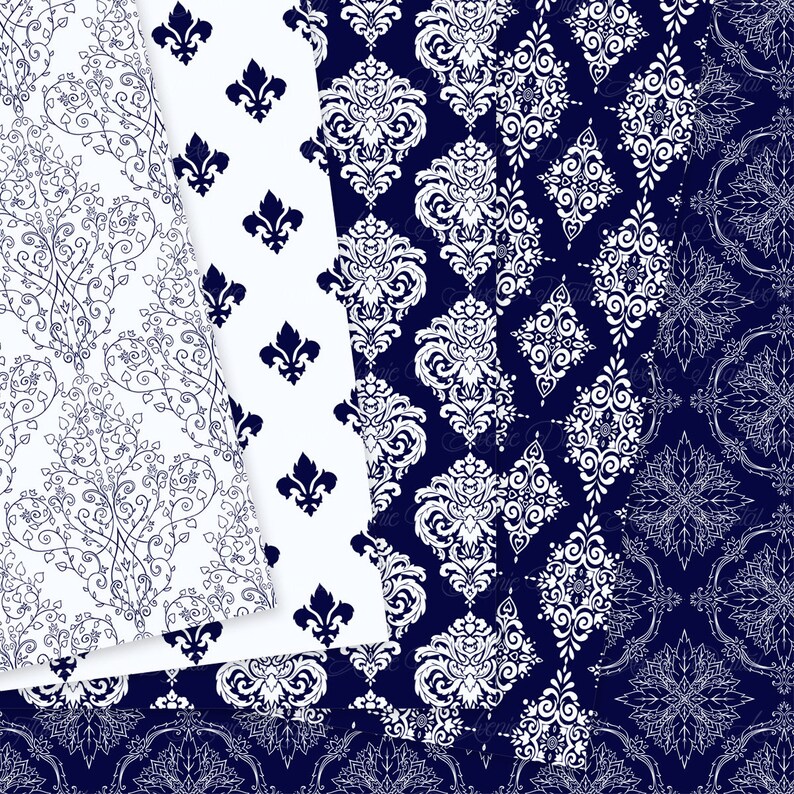 28 Navy Damask Digital Paper Scrapbooking Backgrounds Instant Download. Dark blue Seamless patterns for Commercial Use
