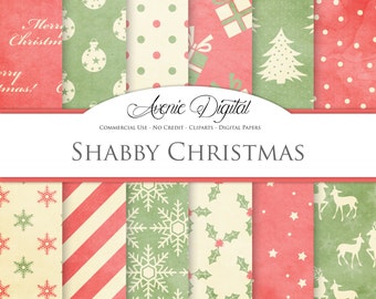 Red and Green Shabby Christmas Digital Paper. Scrapbook Backgrounds. Old xmas patterns for Commercial Use. Worn, grungy, vintage textures.