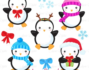 Christmas Penguins Clipart Scrapbook printables, holiday clip art set for Commercial Use. Cute Winter vectors graphics