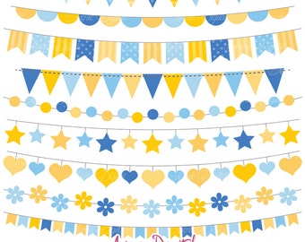 Hanukkah Bunting Banner Clipart. Scrapbook printable, Vector banners .eps. Party Clip art, yellow and blue flag banner