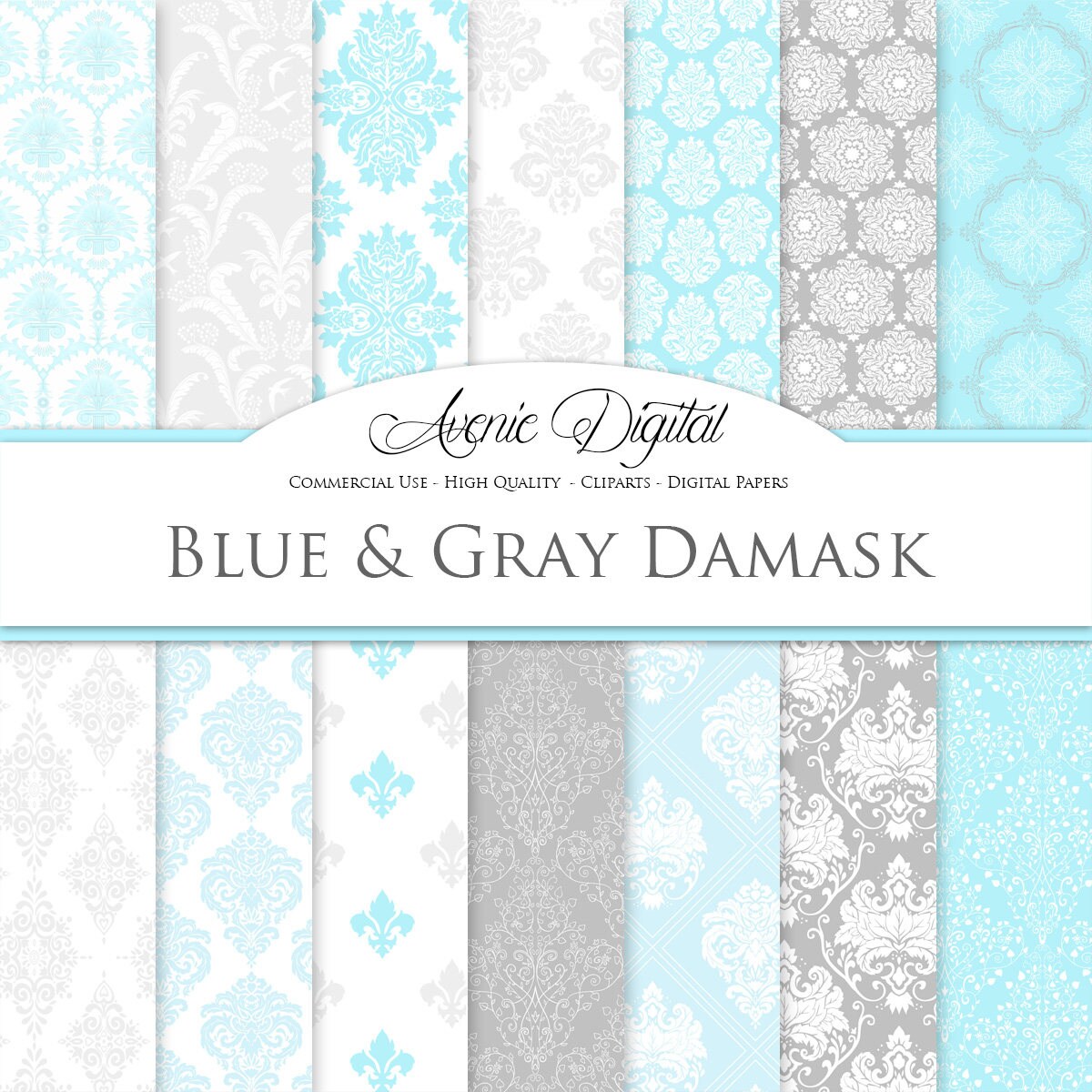 28 Blue and Gray Damask Digital Paper Scrapbook Backgrounds Etsy
