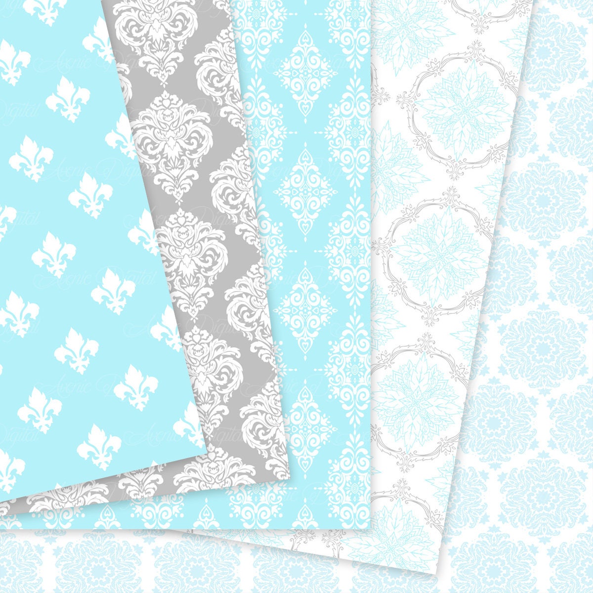 28 Blue and Gray Damask Digital Paper Scrapbook Backgrounds Etsy