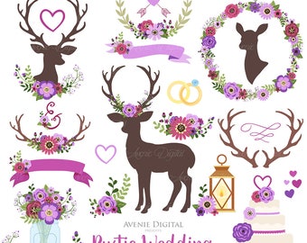 Purple Rustic Wedding Clipart. Scrapbook Clip Art, Deer antlers, flower wreaths, bridal graphics, save the date, wedding cake, wedding rings