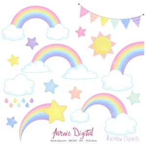 Pastel Rainbows Clipart Scrapbook printables, Vector Rainbow and cloud clip art set .eps. Cute rainbow party Spring graphics