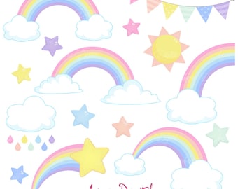 Pastel Rainbows Clipart Scrapbook printables, Vector Rainbow and cloud clip art set .eps. Cute rainbow party Spring graphics