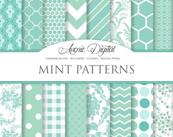 Mint Green Digital Paper. Scrapbook Backgrounds, Mint light green patterns for Commercial Use. Geometric, chevron. floral. Instant Download.