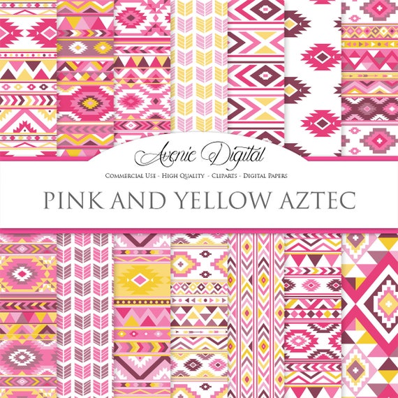 Pink and Yellow Aztec Digital Paper. Scrapbook Backgrounds. Boho patterns, tribal geometric, native, chevron, arrow Commercial Use Download Il_570xn