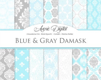 28 Blue and gray Damask Digital Paper Scrapbook Backgrounds Light blue Wedding seamless patterns for Commercial Use clipart Instant Download