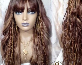 Full Wig Dread Braid Bangs Twist Soft Crochet Boho Synthetic Dread Braid Bohemian Dark Root Ombre Brown Blonde Long Wavy Curly Balayage Wig