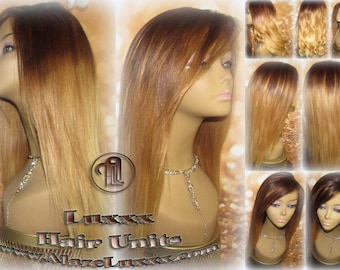 Virgin Hair Unit Wig Brown Blonde Ombre Straight Honey Hair