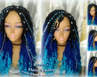 Goddess Faux Locs Blue Ombre curly long wig synthetic dreads crochet braids Mermaid Hair Drag Queen Cosplay Wig Carnival Festival Hair