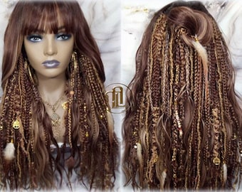 Full Wig Dread Braid Bangs Twist Soft Crochet Boho Synthetic Dread Braid Bohemian Dark Root Ombre Brown Blonde Long Wavy Curly Balayage Wig