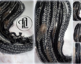 Viking Ponytail Hair Fall Extensions Black Silver Grey  Elements Accents Feathers Jungle box braids hair scrunchie Butterfly