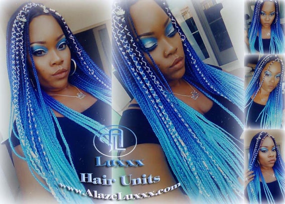 Blue Black Braid Wig Lace Closure Ombre Blue Mermaid Hair Box Braids Wig  Multi Color Blue Ombre Box -  Canada