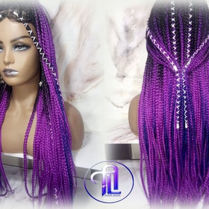 Box Braids Ombre Black Purple Blue Mermaid Gradient Braid Wig 24 Inch Long Synthetic Braiding Hair Extension