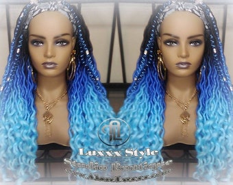 Headband wig Blue Ombre gradient Goddess Faux Locs Dreadlock Wig Mermaid curly long rainbow boho bohemian wig