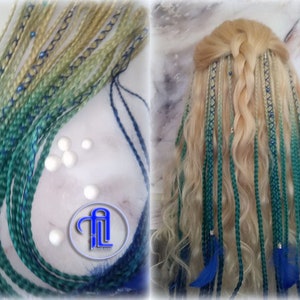 Blonde Teal Green Blue Ombre Clip in Braid Long 24 in Boho Extensions Box braiding hair Rave Festival Elements Feathers