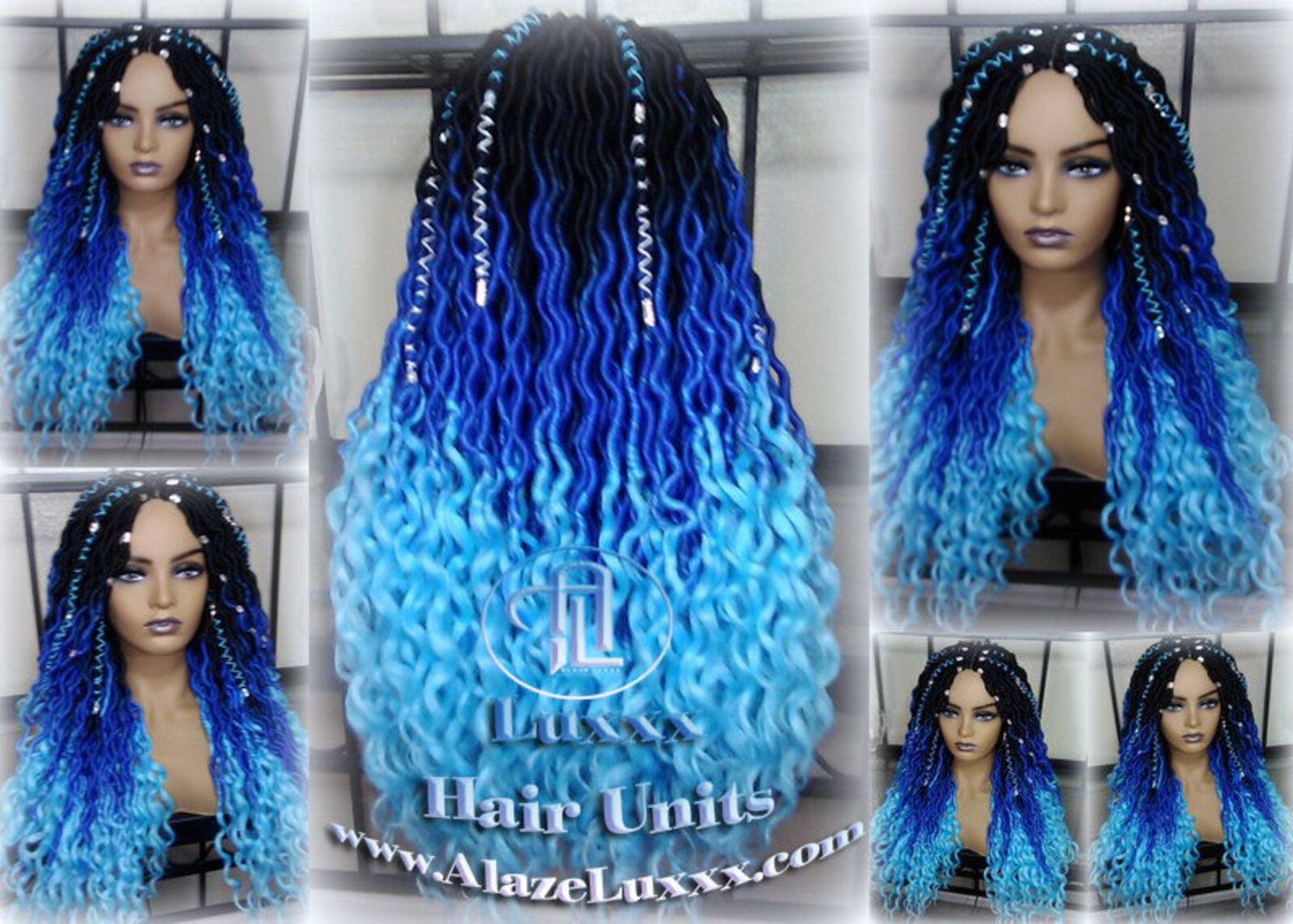 Blue Ombre Goddess Faux Locs Dreadlock Wig Mermaid Curly Long Rainbow