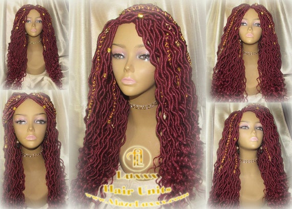 Braided Wig Rich Red Burgundy Gold Goddess Faux Loc Alopecia Etsy