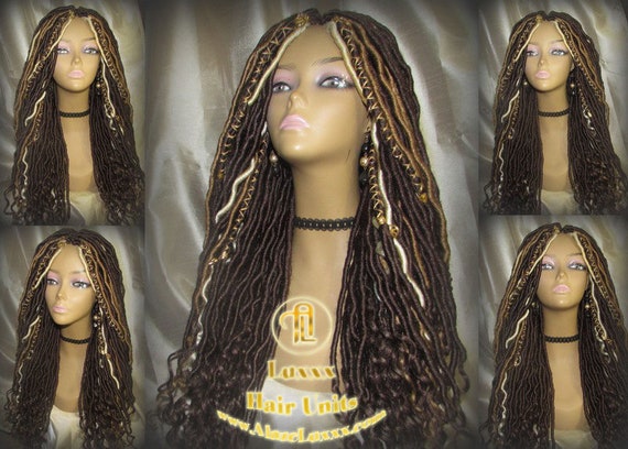 Long Wavy Goddess Faux Locs Honey Platinum Blonde 613 27 Brown Gypsy  Bohemian Boho Dread DE SE Dred Lock Braided Wigs Festival Hair Distress 