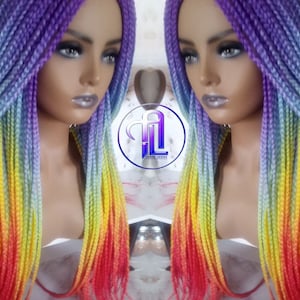 Arco-íris sereia roxo azul amarelo laranja caixa de peruca trançado cabelo sintético renda parte peruca orgulho pronto para enviar orgulho lgbtq