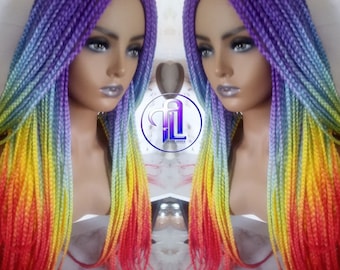 Rainbow Mermaid Purple Blue Yellow Orange  Wig Box Braids braided Synthetic hair Lace Part Wig Pride Ready to Ship LGBT Pride