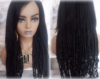 Peluca completa con cierre de encaje 4x4, trenzas negras, mezcla de rastas, juego de trenzas de crochet suaves, estilo bohemio, extensiones bohemias