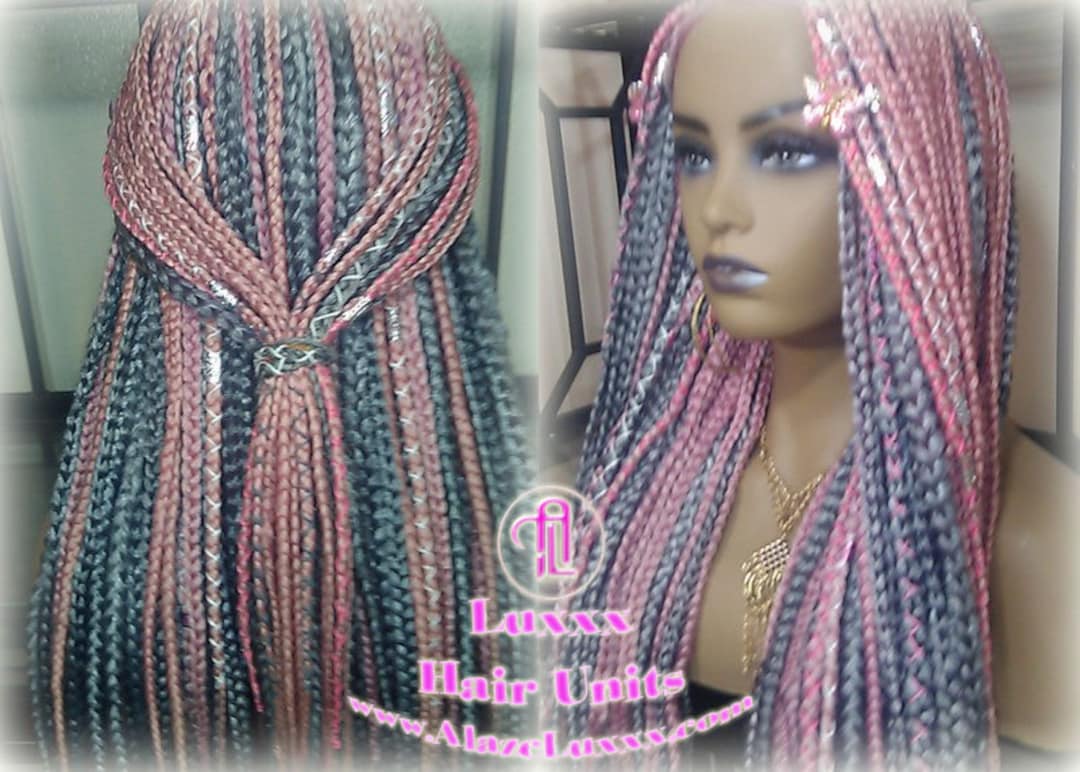 Pink Grey Mermaid Wig Box Braids Braided Synthetic Hair Lace Baby