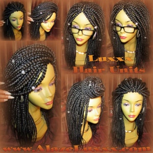 May include: A black braided wig with beads on a mannequin head. The wig is styled in different ways, including a side parting, a bun, and a ponytail. The text "Luxx Hair Units" is superimposed on the image.