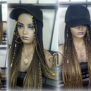Brown Blonde Ombre Box Braid Hat Wig  Gym Hat Baseball Cap  Braided Hat Wig Women Hair Summer Winter Hat Hair Cap Wig Hat Chemo Hat Alopecia