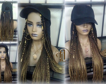 Brown Blonde Ombre Box Braid Hat Wig  Gym Hat Baseball Cap  Braided Hat Wig Women Hair Summer Winter Hat Hair Cap Wig Hat Chemo Hat Alopecia