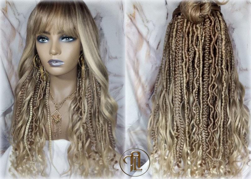 Full Wig Dread Braid Bangs Twist Soft Crochet Boho Synthetic Dread Braid Bohemian Dark Root Ombre Brown Blonde Long Wavy Curly Balayage Wig