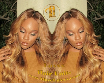 Honey Blonde Auburn 27/30 Dark Roots Ombre 24 In' Long  Custom Color Virgin Hair Unit Lace Front Celebrity Wigs Kim Khloe Kardashian Wig