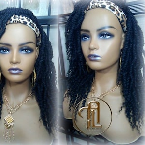 Headband Wig 14in&#39; Passion Twist Short Black 1B Mini Small Fluffy Irregular Bomb Spring Bohemian Boho Water Wave twist hair Ready to Ship