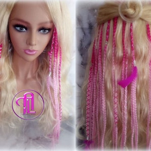 Pink Ombre Clip in Braid Long 24 in Boho Extensions Pink Ombre Blonde Pink Box braiding hair Rave Festival Elements Feathers