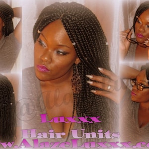 May include: A woman with long black braids with beads woven in. The braids are styled in a side parting. The woman is wearing a grey shirt and has a neutral expression. The text "Luxxx Hair Units www.AlazeLuxxx.com" is visible at the bottom of the image.