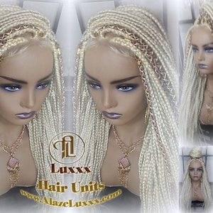 Blonde 613 27 Mix Box Braid Wig Ombre Balayage Honey Blonde Platinum Lace Baby Hair Unit Small Medium Straight Plaits! Braid Lace Wig