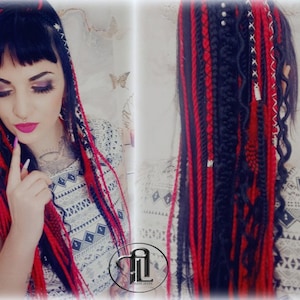 Red Rave Ponytail Hair Fall Viking Extensions Black Red Elements Accents Feathers synthetic box braids hair scrunchie Cosplay Anime