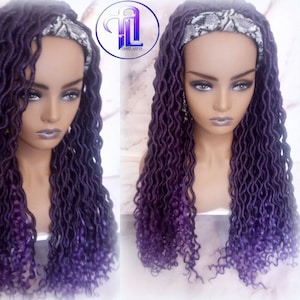 Headband Wig Viking Ombre Goddess Boho Locs  Black Purple Faux Locs Crochet Synthetic Dread Curly Ends Braided Hair Fall