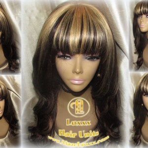 China Chinese Bang Virgin Hair Unit Wig Brown Honey Blonde Ombre Straight Hair Highlights Balayage Brown 27  dark roots Alopecia Wig Stylist