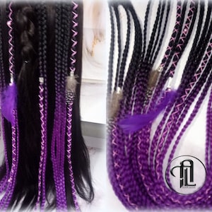 Black Purple Ombre Clip in Braid Long 24 in Boho Extensions Ombre Purple Box braiding hair Rave Festival Feathers Elements