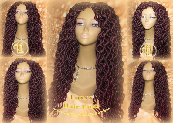 Black And Red Burgundy Faux Locs Deep Wave Goddess Curly Wavy Hair Red Long Crochet Interlocks Synthetic Dreads Marley Crochet Loc Lock Wig