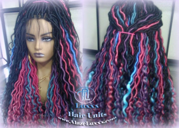 Blue Pink Purple Teal Ombre Goddess Faux Locs Lace Closure W 