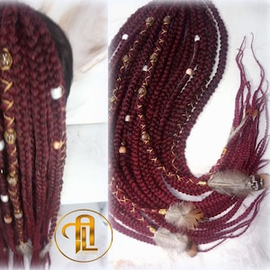 Viking Ponytail Hair Fall Extensions Ombre Black Red Burgundy Gold Elements Accents Feathers Jungle box braids hair scrunchie Butterfly