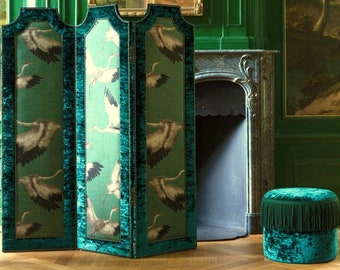 AZZURO* Tissu demi-lin onirique à motifs de grues, vendu au mètre, CARLUCCI 6 coloris