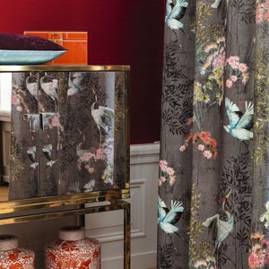 EXOTIK EXPLORER* great linen with cranes & birds Chinese mauve curtain living room Carlucci