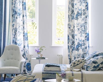 Fabric design! CAMELLIA Indigo *LUXURY Fabric 100% Linen Printed Flowers Sold by the Meter Designers Guild