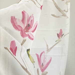 MAGNOLIA fabric by the meter white voile pink flowers 3 meters high curtain JAB