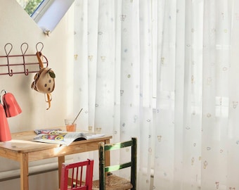 Fabric design! Printed decorative fabric with small figures, hearts, sun, children's room voile, 3 meters high, Gardisette