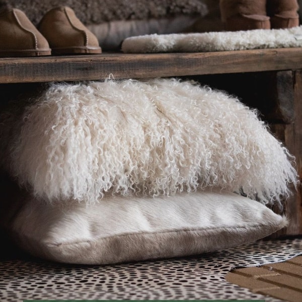 Tibetan lamb sheep fur pillow cushion fur off-white 45 cm x 45 cm